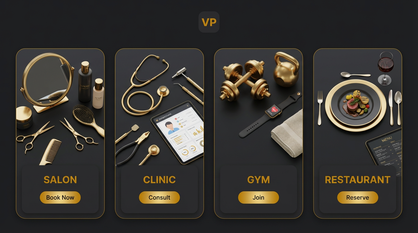 Premium category strip showing VyaparPage landing visuals for multiple local business types